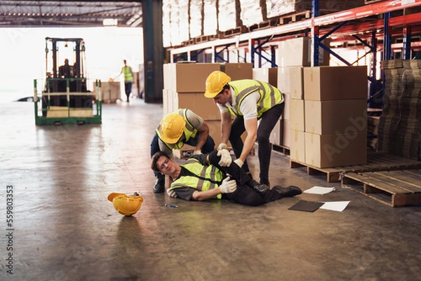Fototapeta Industrial worker injured in the warehouse, factory while co-worker try to help, factory safety, construction zone, accident at factory work.