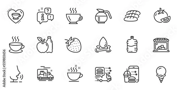 Fototapeta Outline set of Bread, Coffeepot and Food delivery line icons for web application. Talk, information, delivery truck outline icon. Include Food order, Coffee cup, Cappuccino icons. Vector
