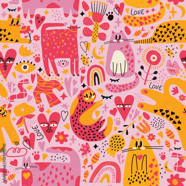 Fototapeta Valentine's day seamless pattern in doodle style. Lots of flowers, hearts, cats and love. Great for wallpaper, wrapping, gift papers, clothing, web page backgrounds, greeting cards and more.