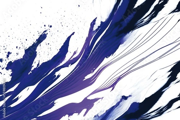 Obraz close-up shot of indigo brush strokes on a white marble background, creating a vibrant and dynamic image (AI Generated)