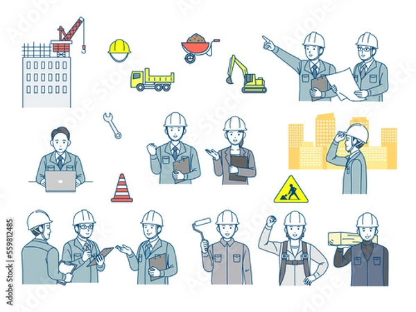 Obraz 建設業　建設現場で働く人たち　建築　土木　大工　現場監督　イラスト