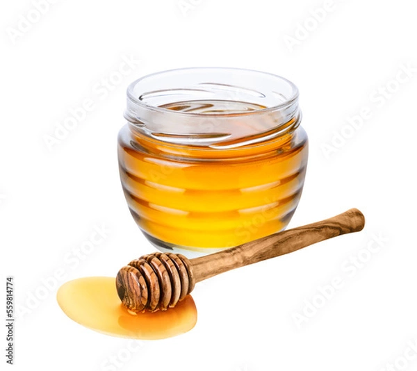 Fototapeta Honey jar with honey dipper isolated on white or transparent background.