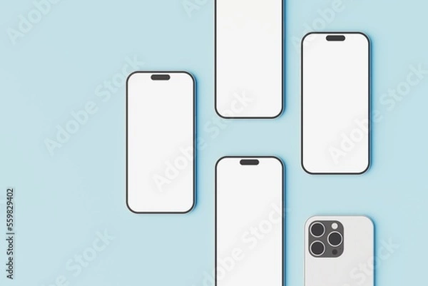 Fototapeta Minimalistic isometric concept smartphone mockup on blue background. 3D Rendering