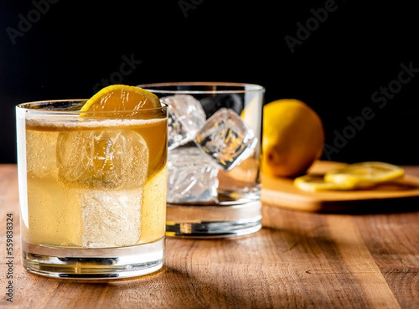 Fototapeta Whiskey sour. Classic Cocktail. Mixed drink with whiskey, lemon juice, sugar, and optionally, a dash of egg white. It is a type of sour, a mixed drink with base spirit, citrus juice, and a sweetener. 