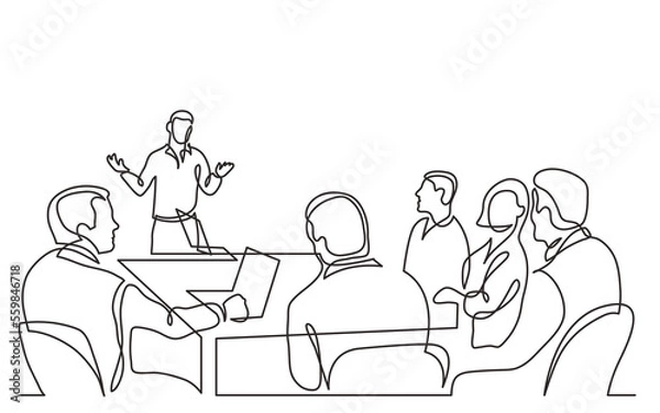 Fototapeta diverse office workers ask questions to presentation speaker in meeting room continuous line drawing PNG image with transparent background