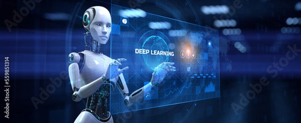 Fototapeta Deep learning artificial intelligence neural network. Robot pressing button on screen 3d render.