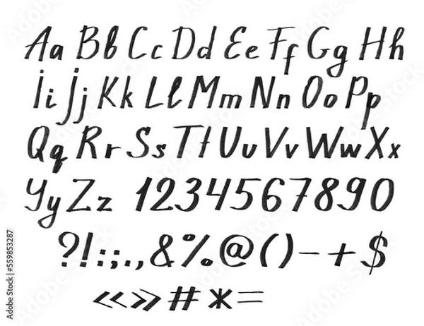 Fototapeta Set of letters.Hand drawn alphabet. English font and number.Sign from marker pen or brush.
