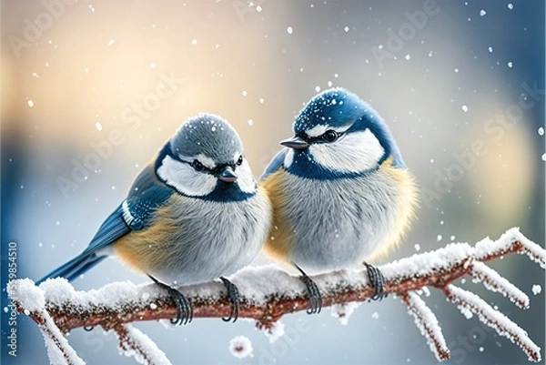 Fototapeta two birds sitting on a branch in the winter with snow, AI assisted finalized in Photoshop by me 