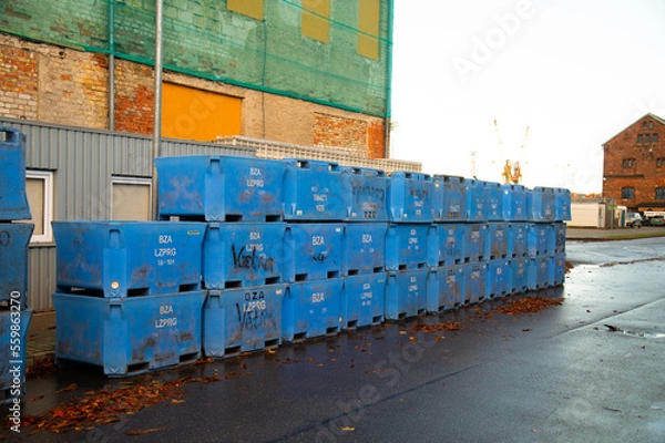 Obraz Fish containers. Storage containers for fish. Shipping industry.