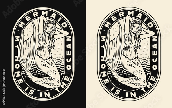 Fototapeta Monochrome emblems with mermaid on a black and white background. T-shirt design vintage style vector