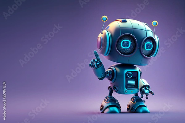 Fototapeta Positive cute robot pointing at a space. Copy space, ai generated