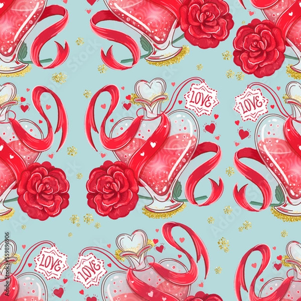 Fototapeta Love potion and red rose. Seamless pattern with romantic theme hand drawn digital illustrations and golden accents
