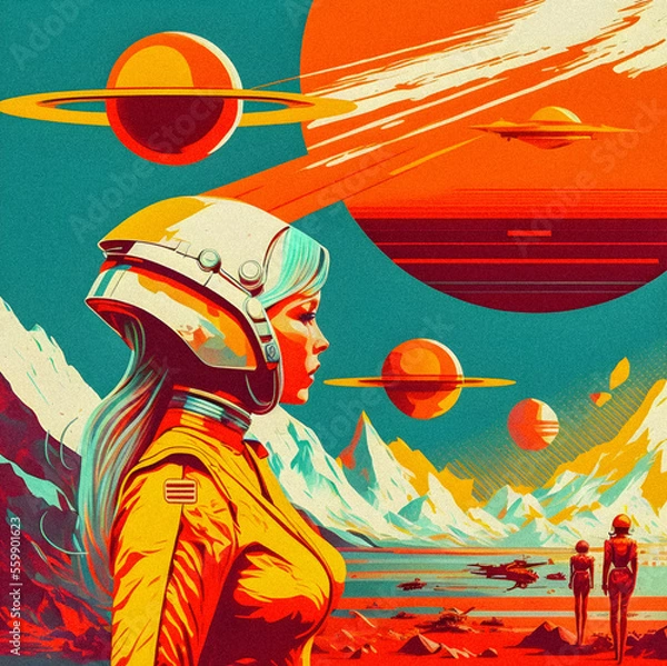 Fototapeta Pop art minimalism retro, futurism art, environmental art, space illustration, granular texture Generative AI