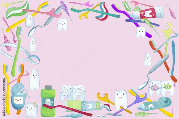 Fototapeta Teeth and toothbrushes frame on pink. Clean teeth. Tooth cartoon characters.