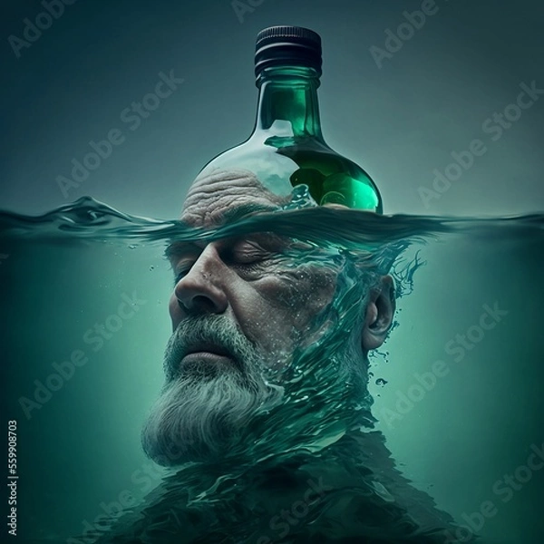 Fototapeta The Man Who Drowned in an Alcohol Bottle - Illustration Generated by Artificial Intelligence