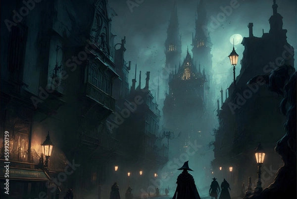 Fototapeta Silhouetted People in Wizard or Thief Type Cloaks in a Dark Nighttime Fantasy City Approaching a Towering Black Castle in the Distance. Thieves / Wizards Cityscape. [Sci-Fi, Fantasy, Historic, Horror]