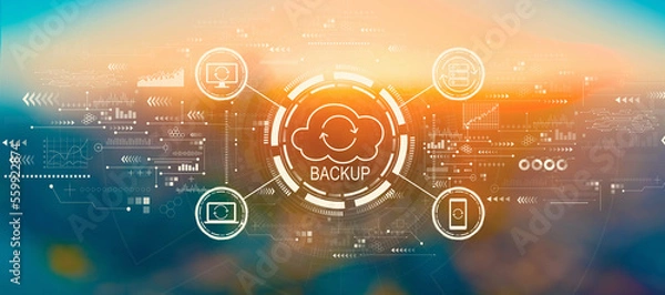 Fototapeta Backup concept with blurred cityscape at sunset or sunrise