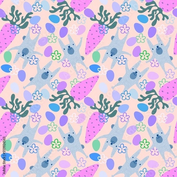 Fototapeta Cartoon animals seamless Easter eggs and rabbit bunnies pattern for wrapping paper and kids clothes print