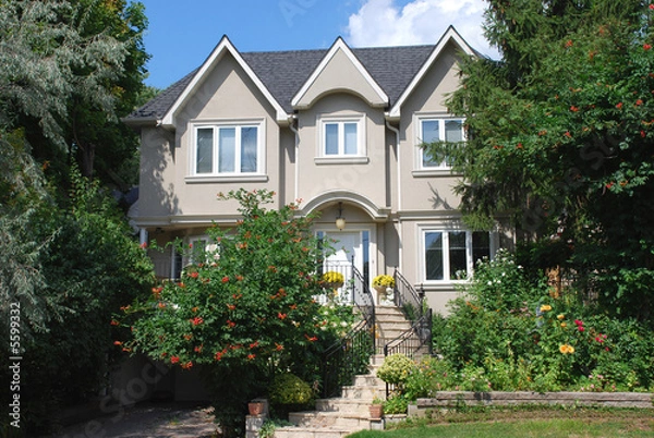 Fototapeta House with three gables and flowering shrubs