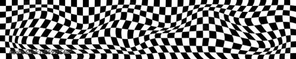 Obraz Psychedelic horizontal pattern with warped black and white squares. Distorted chess board background. Hypnotizing checkered optical illusion. Race flag texture. Trippy checkerboard surface