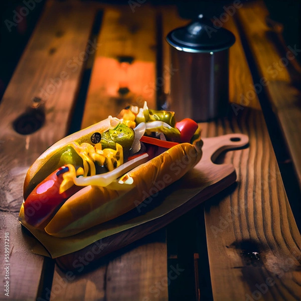 Fototapeta Chicago style hot dog in a cabin generative ai 