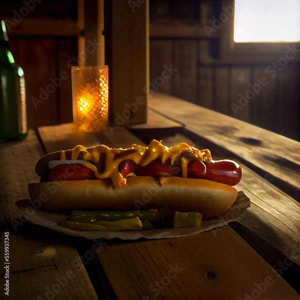 Fototapeta Chicago style hot dog in a cabin generative ai 