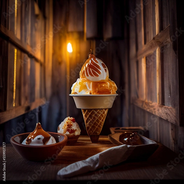 Fototapeta Ice cream sundae with caramel sauce in a cabin generative ai 