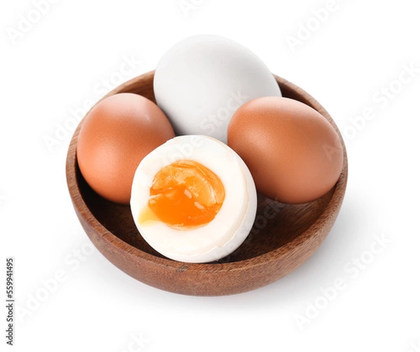 Fototapeta Bowl with soft boiled eggs on white background