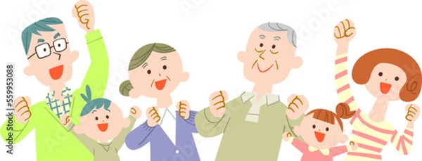 Obraz シニアを中心とした元気な三世代家族の上半身
