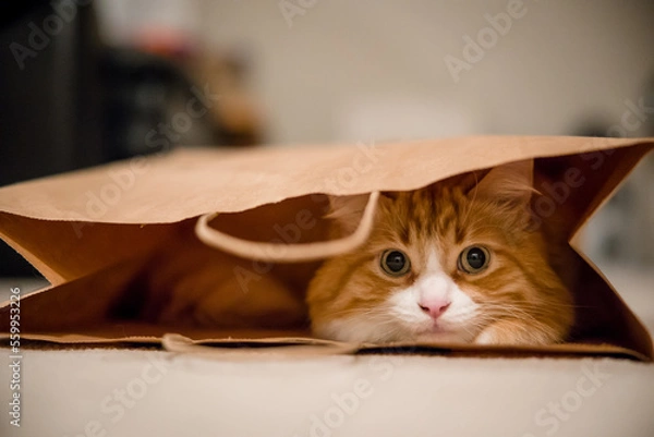 Obraz Cute orange tabby cat playing in paper bag