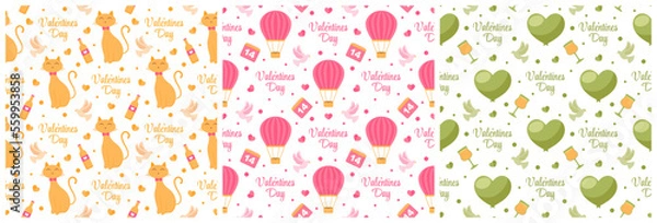 Fototapeta Set of Happy Valentines Day Seamless Pattern Design Love Greeting Card Template Hand Drawn Cartoon Flat Illustration