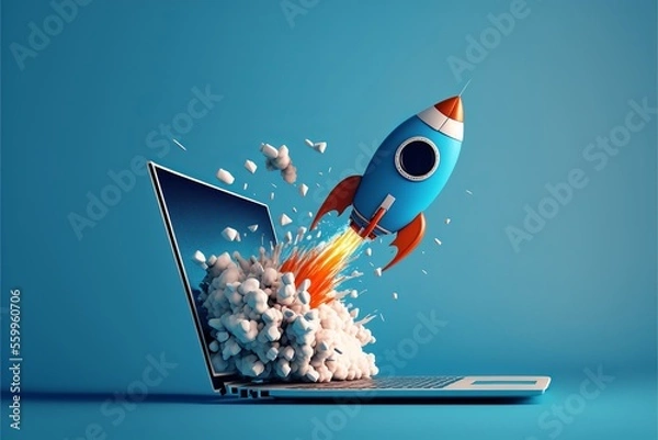 Obraz Rocket coming out of laptop screen, blue background. AI digital illustration