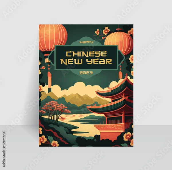 Fototapeta Happy Chinese New Year. Traditional poster concept with green, red, and yellow colors combination