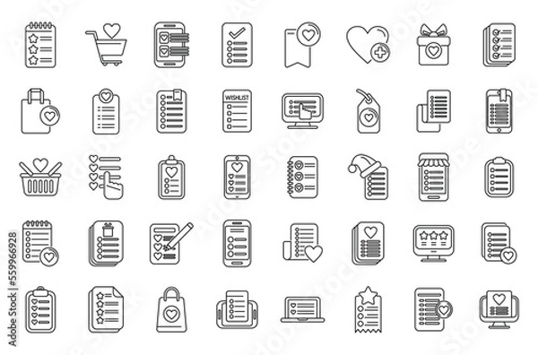 Fototapeta Wishlist icons set outline vector. Document page. Heart plus