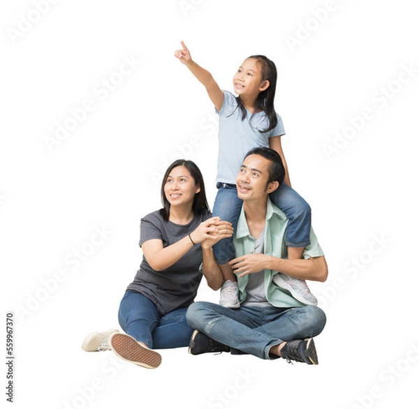 Obraz Happy smiling young asian family with neck playing sitting on floor and have a fun time together, with looking up and pointing finger blank workspace, Full body isolated background