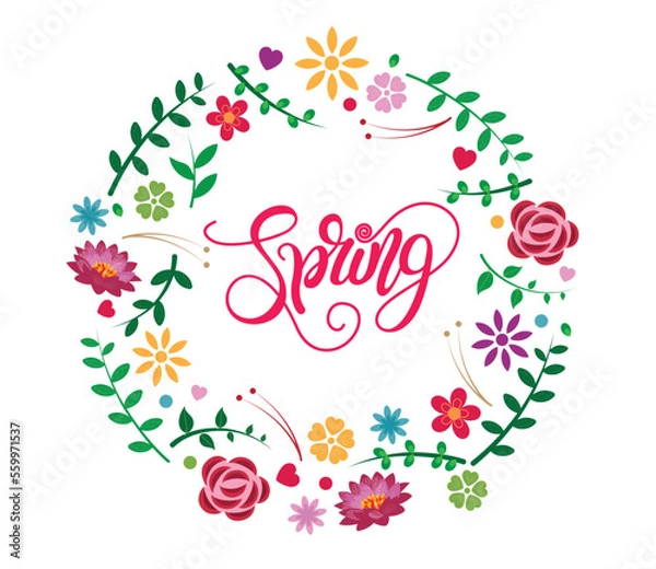 Fototapeta Spring text wreath vector design. Spring typography with colorful flowers and leaves garland for season greeting card background. Vector Illustration. 
