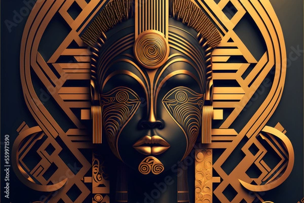 Obraz luxury Afrofuturism Mask Pattern ideal for backgrounds or decoration - African art - Golden