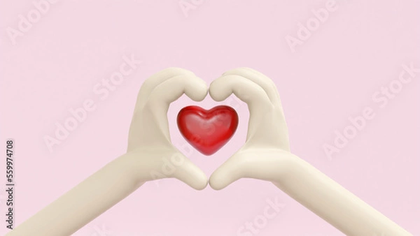 Fototapeta 3D Illustration. Cartoon hands love gesture with red heart at center position isolated on pink background. Clipping path.  