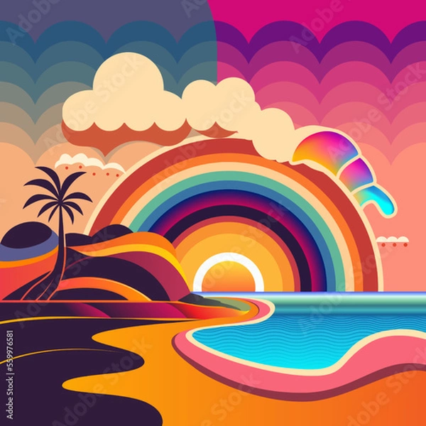 Fototapeta Beach with rainbow and palm tree art. Nature view in psychedelic art vector illustration. Colorful background. Vector eps 10. 