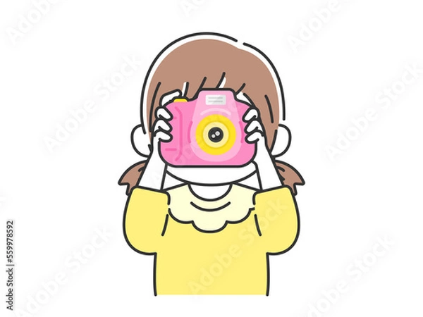 Fototapeta キッズカメラで写真を撮る、女の子のイラスト