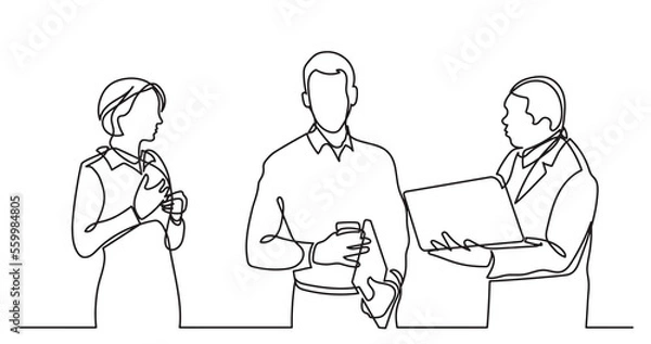Fototapeta continuous line drawing of standing business people talking -  PNG image with transparent background