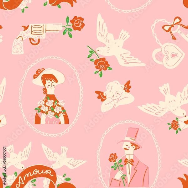 Obraz Romantic seamless pattern for Valentine's Day celebration. Lady and gentleman holding flowers, flying doves, love gun and a heart shaped lock. Hand drawn elements in retro style.