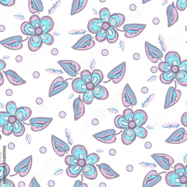 Fototapeta Embroidered Flowers Seamless Pattern