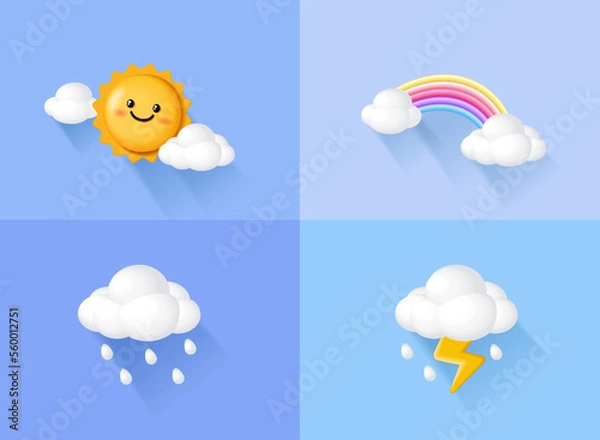 Fototapeta Weather icon 3d, Clouds weather with smiling face cute vector image.