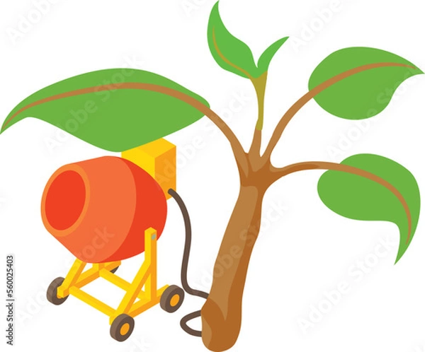 Obraz Construction site icon isometric vector. Manual concrete mixer, green tree branch. Eco construction