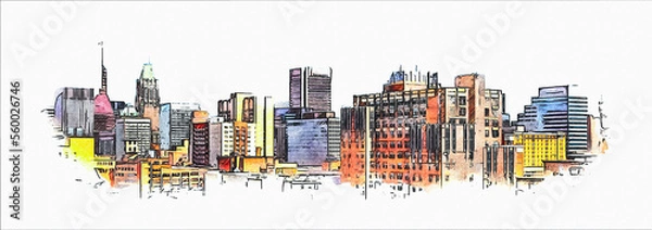 Obraz Baltimore Maryland City Skyline, color pencil style sketch illustration isolated on white background.