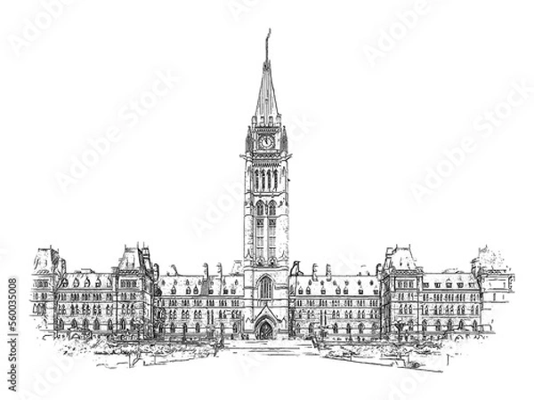 Fototapeta Built in the Gothic Revival style, Center Block is the main building of the Canadian Parliament complex on Parliament Hill, in Ottawa, Ontario, ink sketch illustration