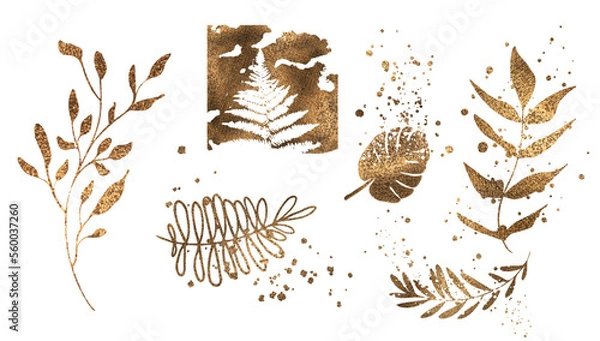 Fototapeta Vector plants and grasses in gold style with gloss effects and and gold paint splatters. Minimalist style of hand drawn plants. With leaves and organic shapes.