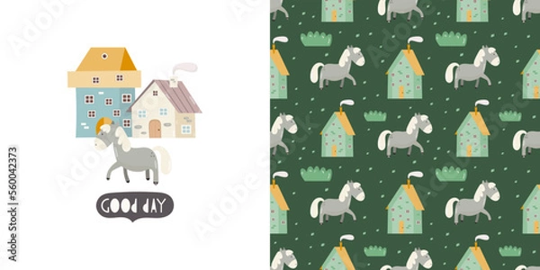 Obraz Rustic Print Card and Seamless Pattern for Kids Fabric, Textile, Wrapping Paper, Nursery Design. Vector Set with Cartoon Houses, Plants and Horse