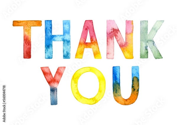 Fototapeta Watercolor hand drawn lettering isolated. Handwritten message. Thank You. Can be used as a print on t-shirts and bags, for cards, banner or poster. thank you card background.